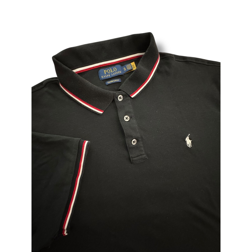 Polo Ralph Lauren Mens XL Custom Slim Fit‎ Black Polo Striped Trim Shirt